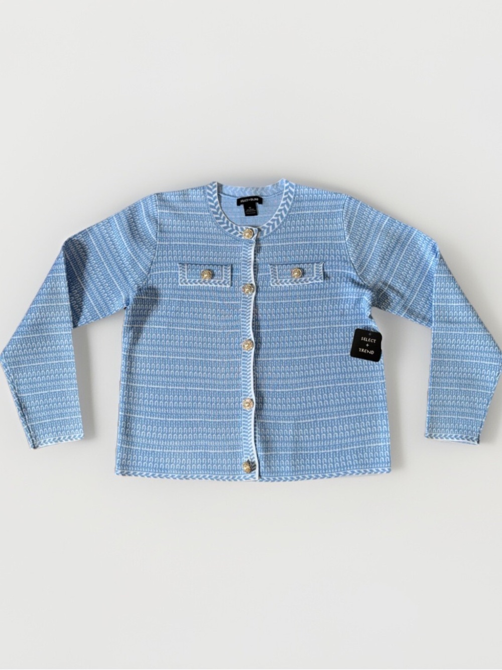 Women Size 1X Long Sleeve Knit Sweater Blue Button Up New Elegant Shirt Cropped